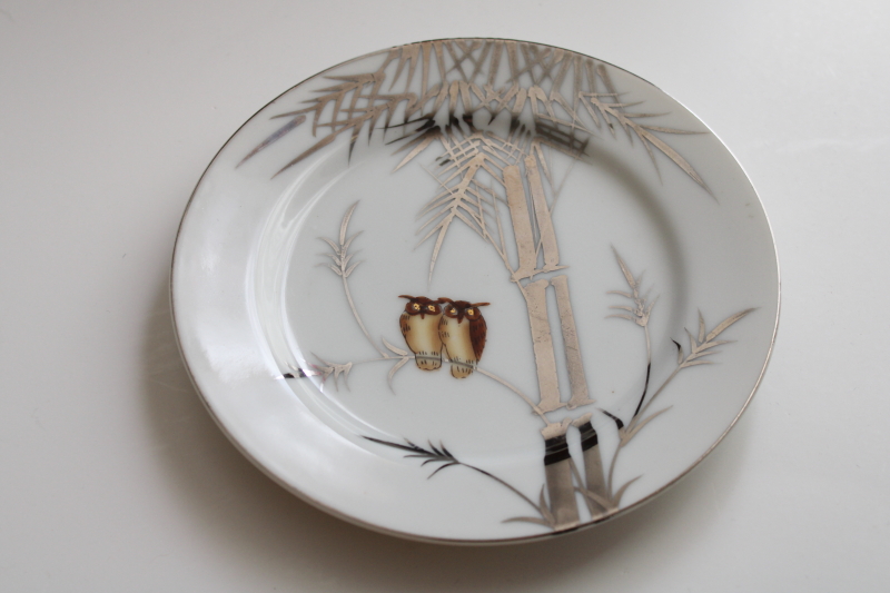 photo of vintage Nippon hand painted china plate, brown owls & platinum bamboo, mark in Japanese characters #1