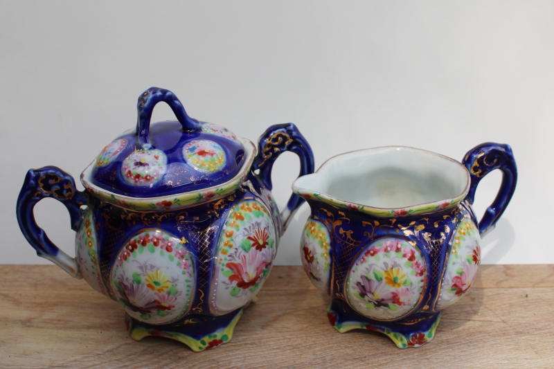 photo of vintage Nippon or Japan hand painted china cream & sugar set, moriage flower cameos #1