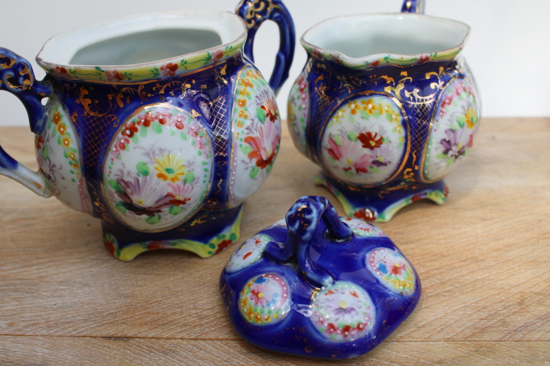 photo of vintage Nippon or Japan hand painted china cream & sugar set, moriage flower cameos #3