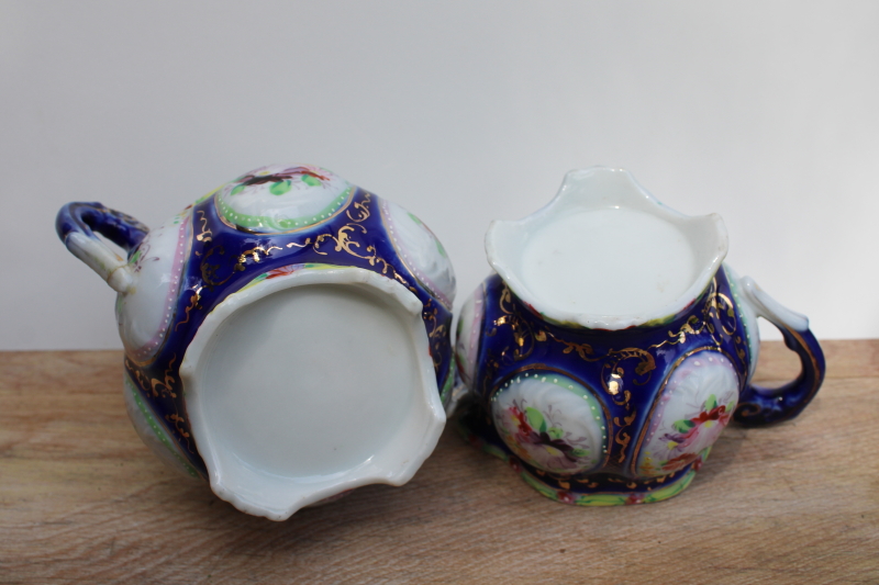 photo of vintage Nippon or Japan hand painted china cream & sugar set, moriage flower cameos #4