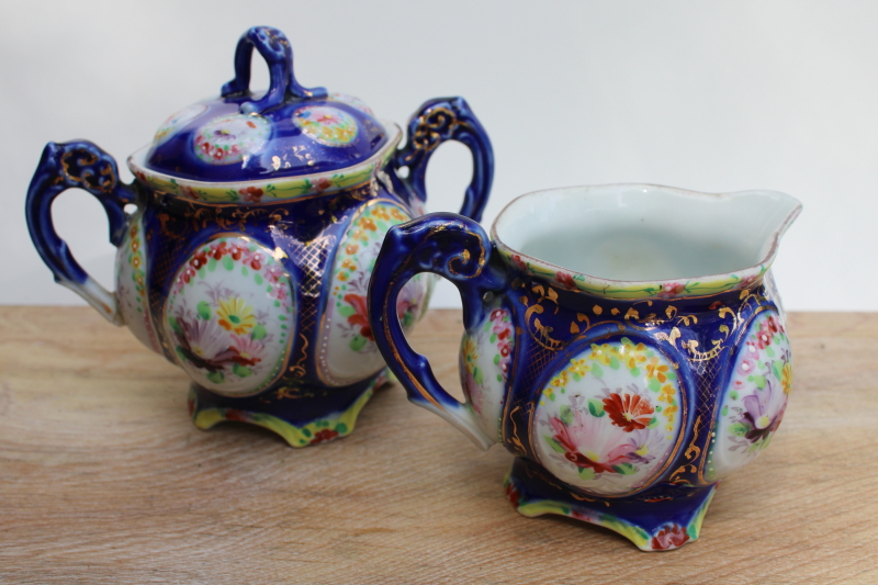 photo of vintage Nippon or Japan hand painted china cream & sugar set, moriage flower cameos #6