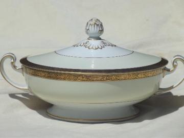 catalog photo of vintage Noritake Goldkin encrusted gold band china, round covered bowl