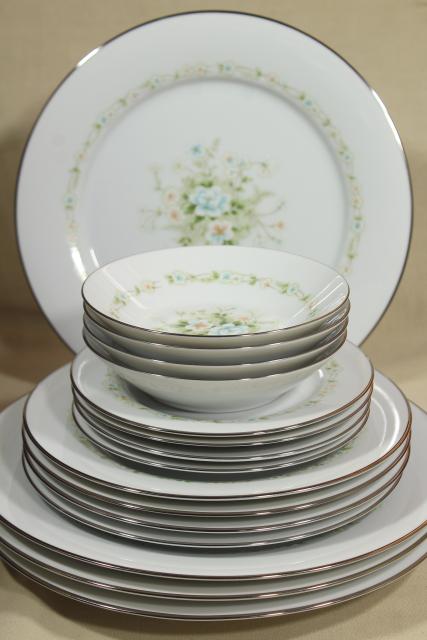 photo of vintage Noritake china, Poetry pattern set for 4, blue & green floral dinnerware #5