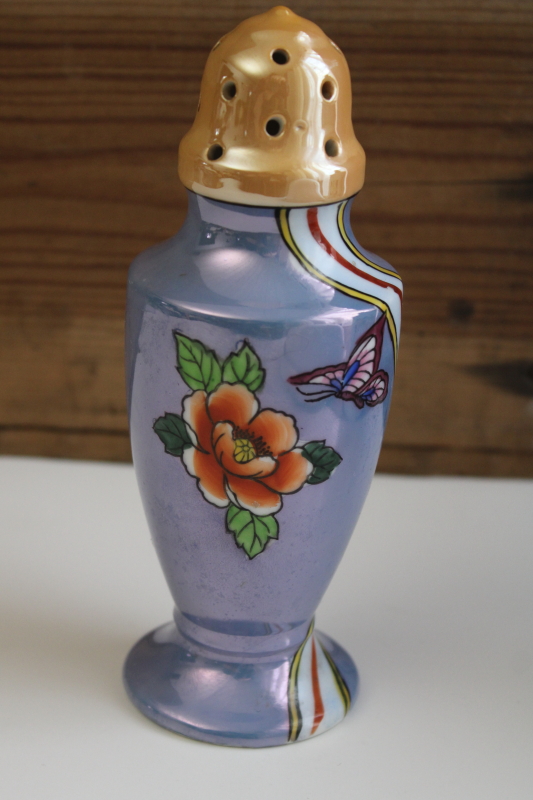 photo of vintage Noritake china muffineer sugar shaker, hand painted lusterware butterfly & flower #1