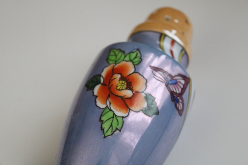 photo of vintage Noritake china muffineer sugar shaker, hand painted lusterware butterfly & flower #3