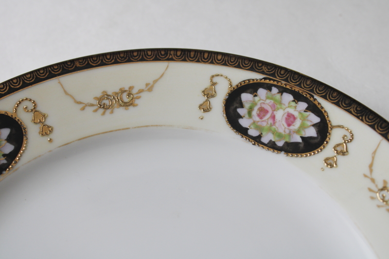 photo of vintage Noritake plate, M mark Made in Japan hand painted porcelain black border w/ roses & gold moriage  #2