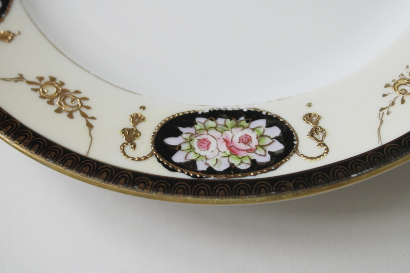 photo of vintage Noritake plate, M mark Made in Japan hand painted porcelain black border w/ roses & gold moriage  #3