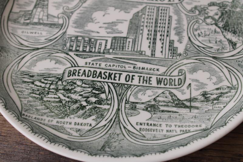 photo of vintage North Dakota souvenir plate green & white print map, tourist vacation spots #2