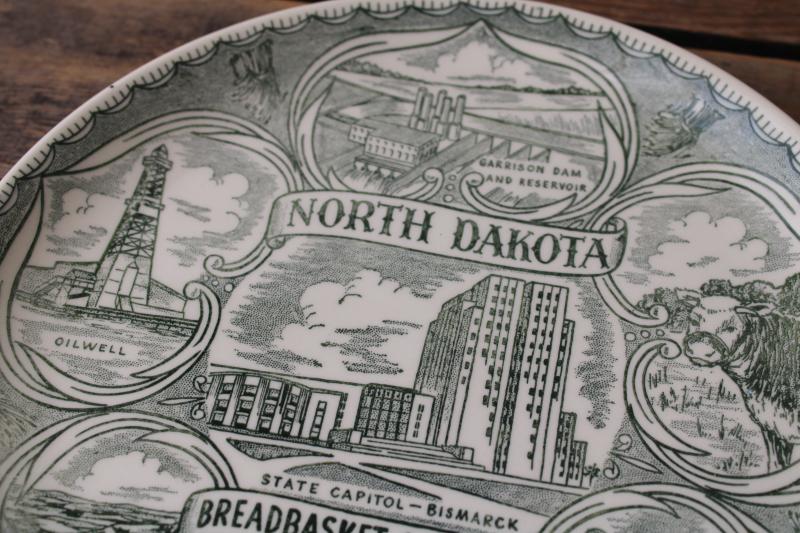 photo of vintage North Dakota souvenir plate green & white print map, tourist vacation spots #3