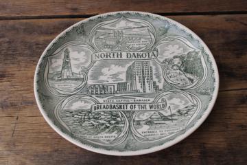 catalog photo of vintage North Dakota souvenir plate green & white print map, tourist vacation spots