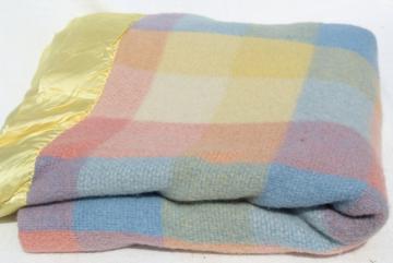 vintage North Star pure wool bed blanket, candy colors pastel checked plaid