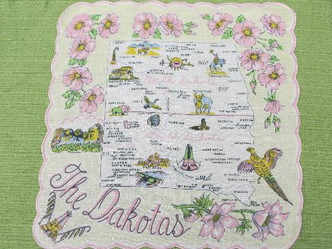 photo of vintage North and South Dakota map print hanky, souvenir handkerchief #1