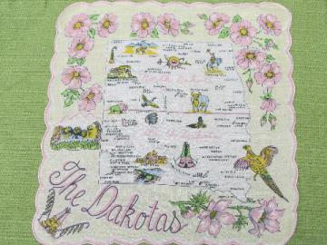 catalog photo of vintage North and South Dakota map print hanky, souvenir handkerchief