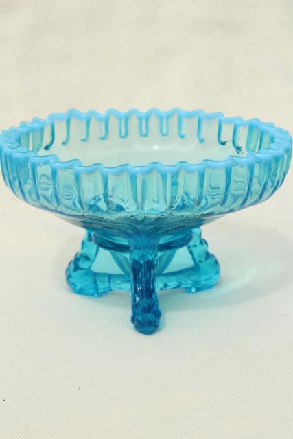 photo of vintage Northwood blue opalescent glass candy dish or flower bowl, beaded leaf pattern #1