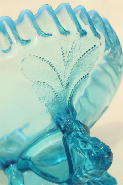 photo of vintage Northwood blue opalescent glass candy dish or flower bowl, beaded leaf pattern #2