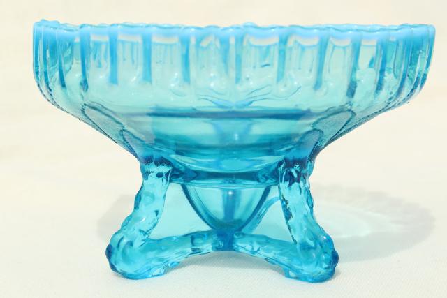 photo of vintage Northwood blue opalescent glass candy dish or flower bowl, beaded leaf pattern #3