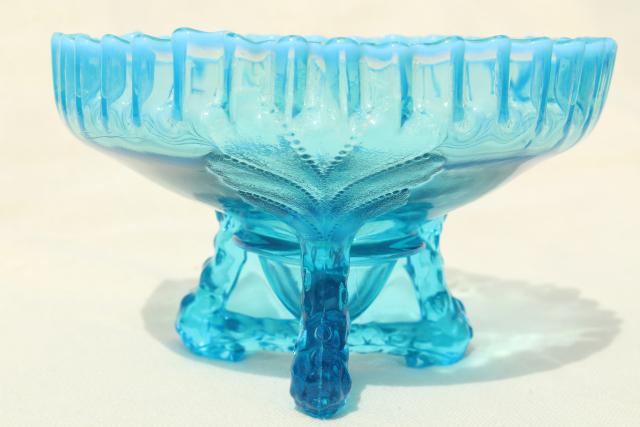 photo of vintage Northwood blue opalescent glass candy dish or flower bowl, beaded leaf pattern #4