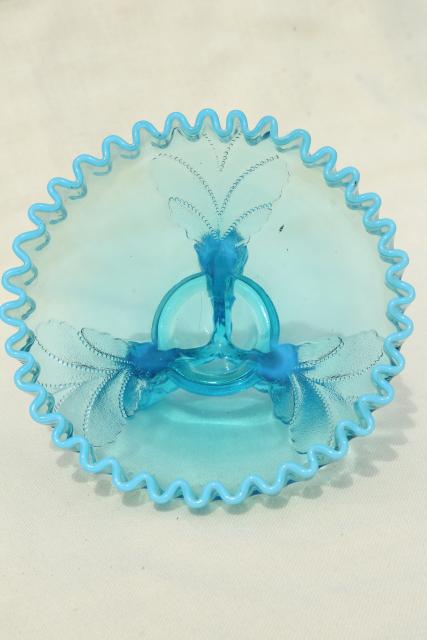 photo of vintage Northwood blue opalescent glass candy dish or flower bowl, beaded leaf pattern #5