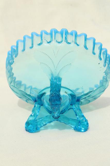 photo of vintage Northwood blue opalescent glass candy dish or flower bowl, beaded leaf pattern #7