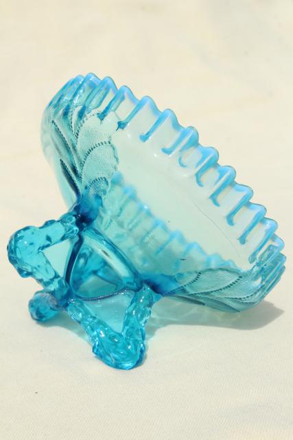 photo of vintage Northwood blue opalescent glass candy dish or flower bowl, beaded leaf pattern #8