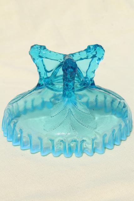 photo of vintage Northwood blue opalescent glass candy dish or flower bowl, beaded leaf pattern #9