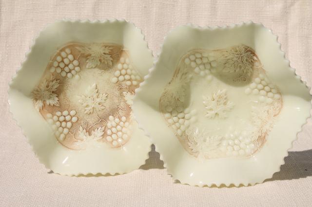 photo of vintage Northwood custard glass grape & cable pattern bowls, crimped ruffle basket shape #1