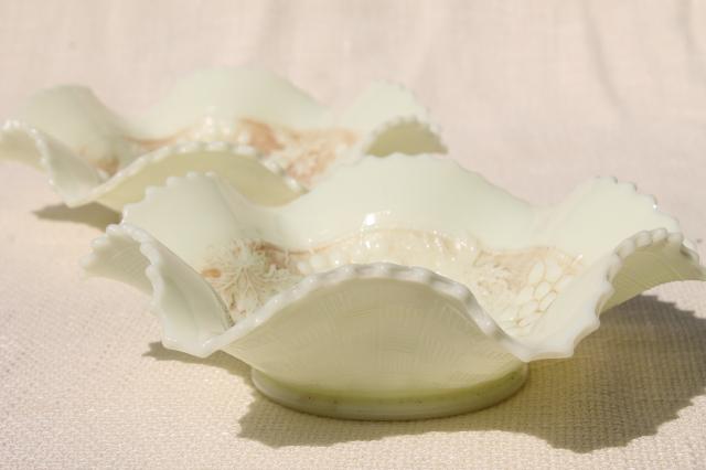 photo of vintage Northwood custard glass grape & cable pattern bowls, crimped ruffle basket shape #2