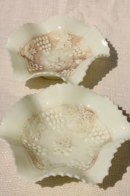 photo of vintage Northwood custard glass grape & cable pattern bowls, crimped ruffle basket shape #3