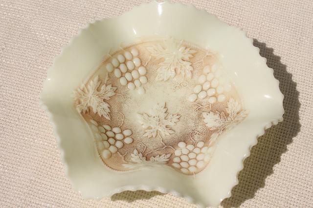 photo of vintage Northwood custard glass grape & cable pattern bowls, crimped ruffle basket shape #6