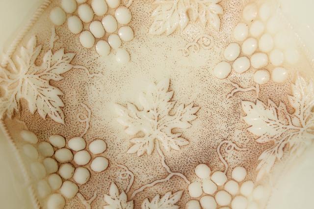 photo of vintage Northwood custard glass grape & cable pattern bowls, crimped ruffle basket shape #7