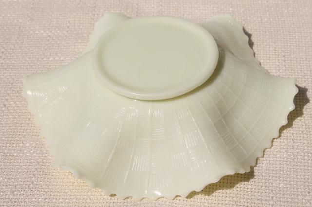 photo of vintage Northwood custard glass grape & cable pattern bowls, crimped ruffle basket shape #8