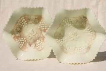 catalog photo of vintage Northwood custard glass grape & cable pattern bowls, crimped ruffle basket shape