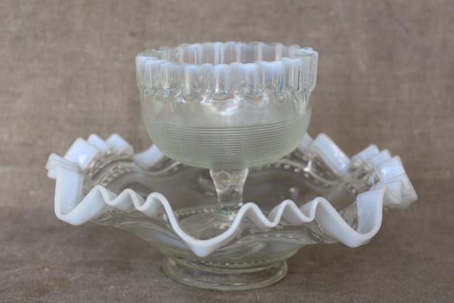 photo of vintage Northwood white opalescent glass two part flower bowl, spool threaded pattern #1