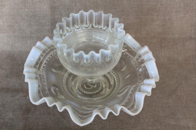 photo of vintage Northwood white opalescent glass two part flower bowl, spool threaded pattern #2