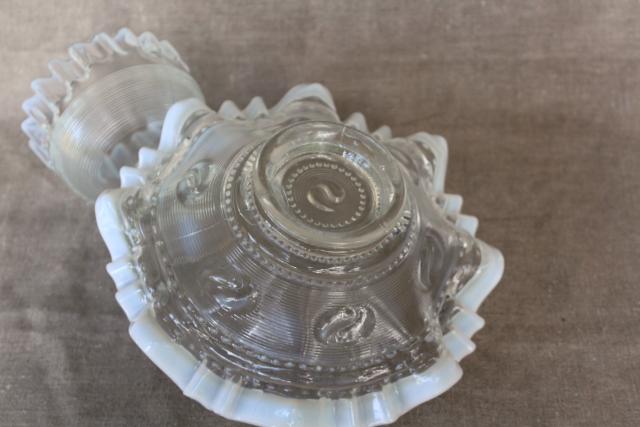 photo of vintage Northwood white opalescent glass two part flower bowl, spool threaded pattern #4