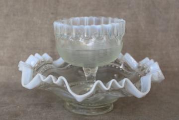 vintage Northwood white opalescent glass two part flower bowl, spool threaded pattern