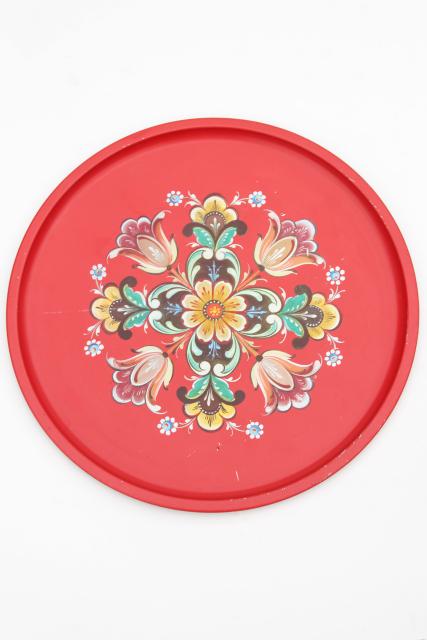 photo of vintage Norway rosemaled folk art round metal serving tray, Norwegian rosemaling #1