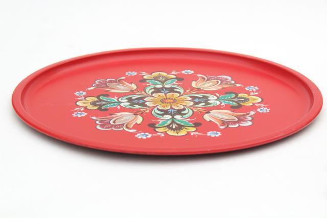 photo of vintage Norway rosemaled folk art round metal serving tray, Norwegian rosemaling #3