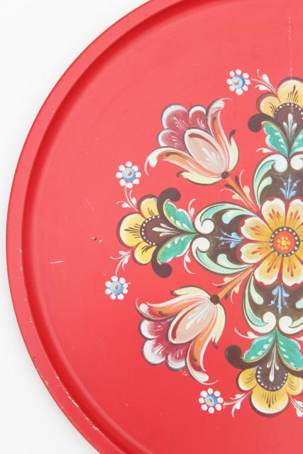 photo of vintage Norway rosemaled folk art round metal serving tray, Norwegian rosemaling #5