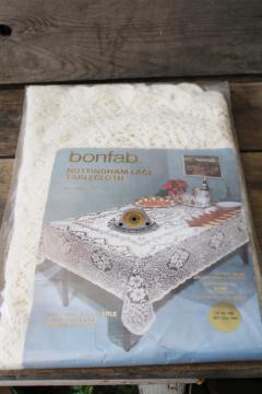 catalog photo of vintage Nottingham lace tablecloth, round lace tablecloth in original package