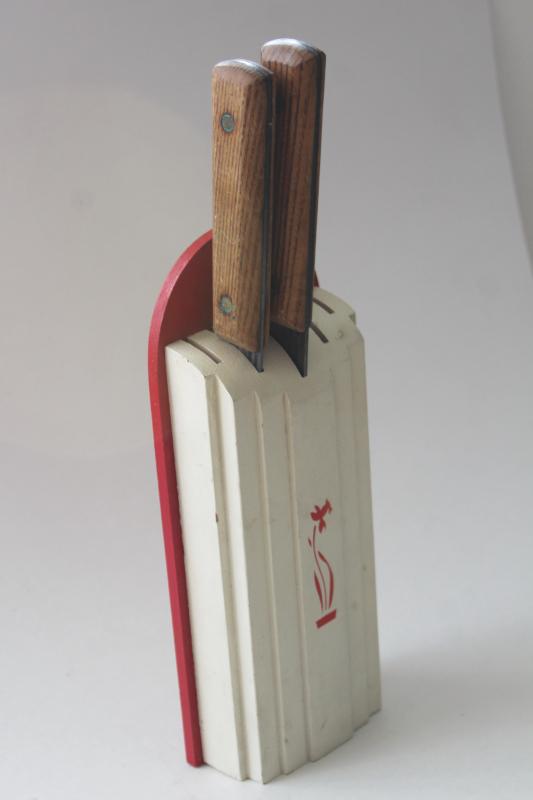 photo of vintage Nuway knife block , 1930s red & white wall hanging wood rack for kitchen knives #1