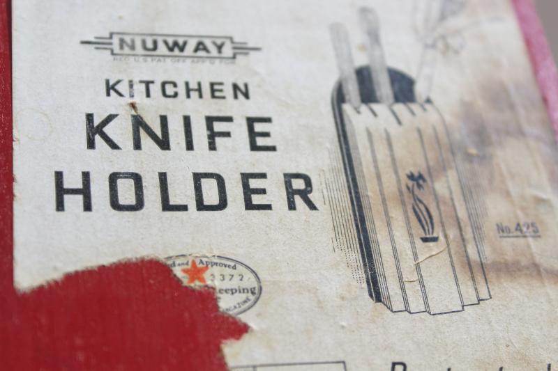 photo of vintage Nuway knife block , 1930s red & white wall hanging wood rack for kitchen knives #8