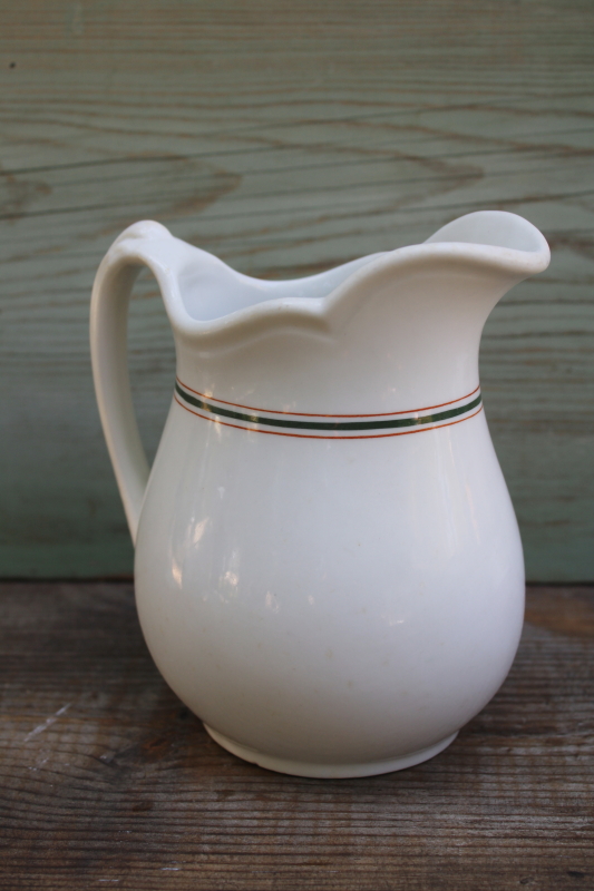 photo of vintage O P Co Onadaga Pottery Syracuse ironstone china pitcher, orange & green striped band pattern #1