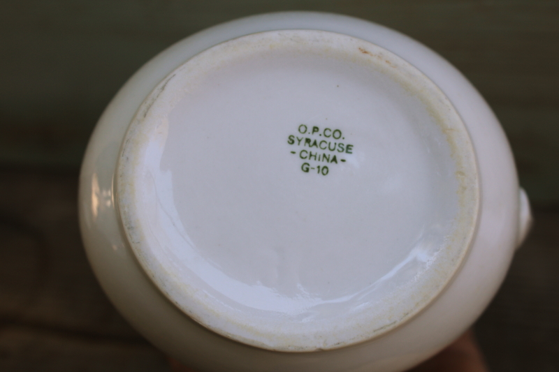 photo of vintage O P Co Onadaga Pottery Syracuse ironstone china pitcher, orange & green striped band pattern  #3