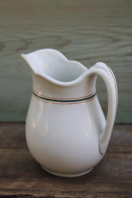 photo of vintage O P Co Onadaga Pottery Syracuse ironstone china pitcher, orange & green striped band pattern  #4