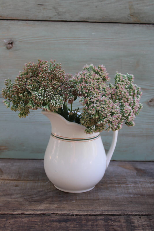 photo of vintage O P Co Onadaga Pottery Syracuse ironstone china pitcher, orange & green striped band pattern  #5