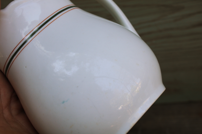 photo of vintage O P Co Onadaga Pottery Syracuse ironstone china pitcher, orange & green striped band pattern  #6