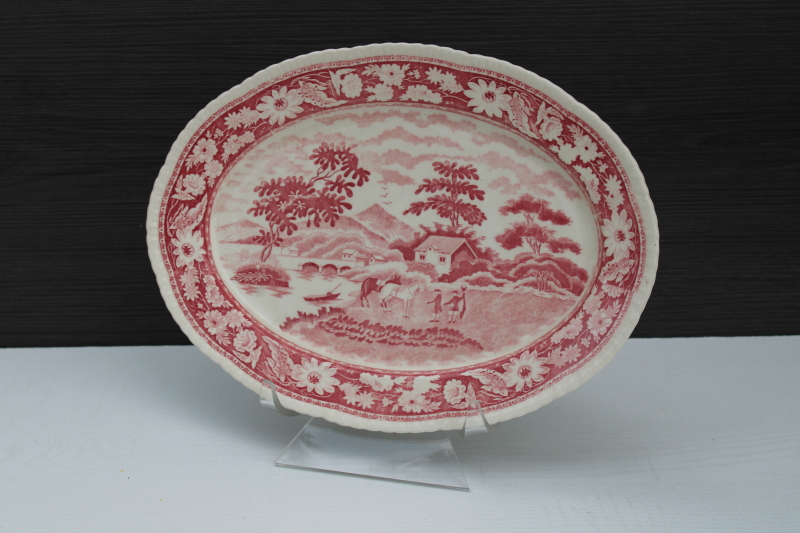 photo of vintage Occupied Japan red transferware china platter w/ English country life scene #1