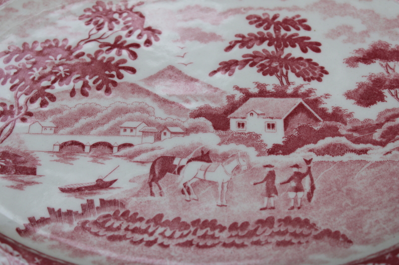 photo of vintage Occupied Japan red transferware china platter w/ English country life scene  #3