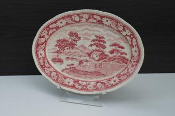 catalog photo of vintage Occupied Japan red transferware china platter w/ English country life scene 